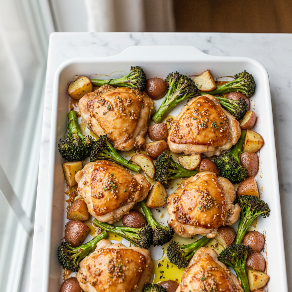 Sheet Pan Honey Mustard Chicken Thighs with Roasted Vegetables