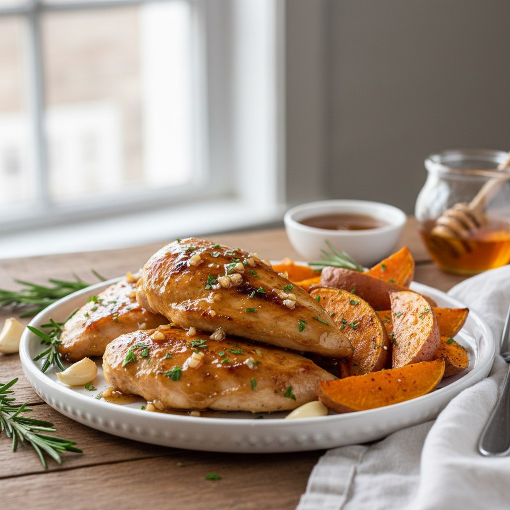 Honey-Garlic Glazed Chicken with Roasted Sweet Potato Wedges