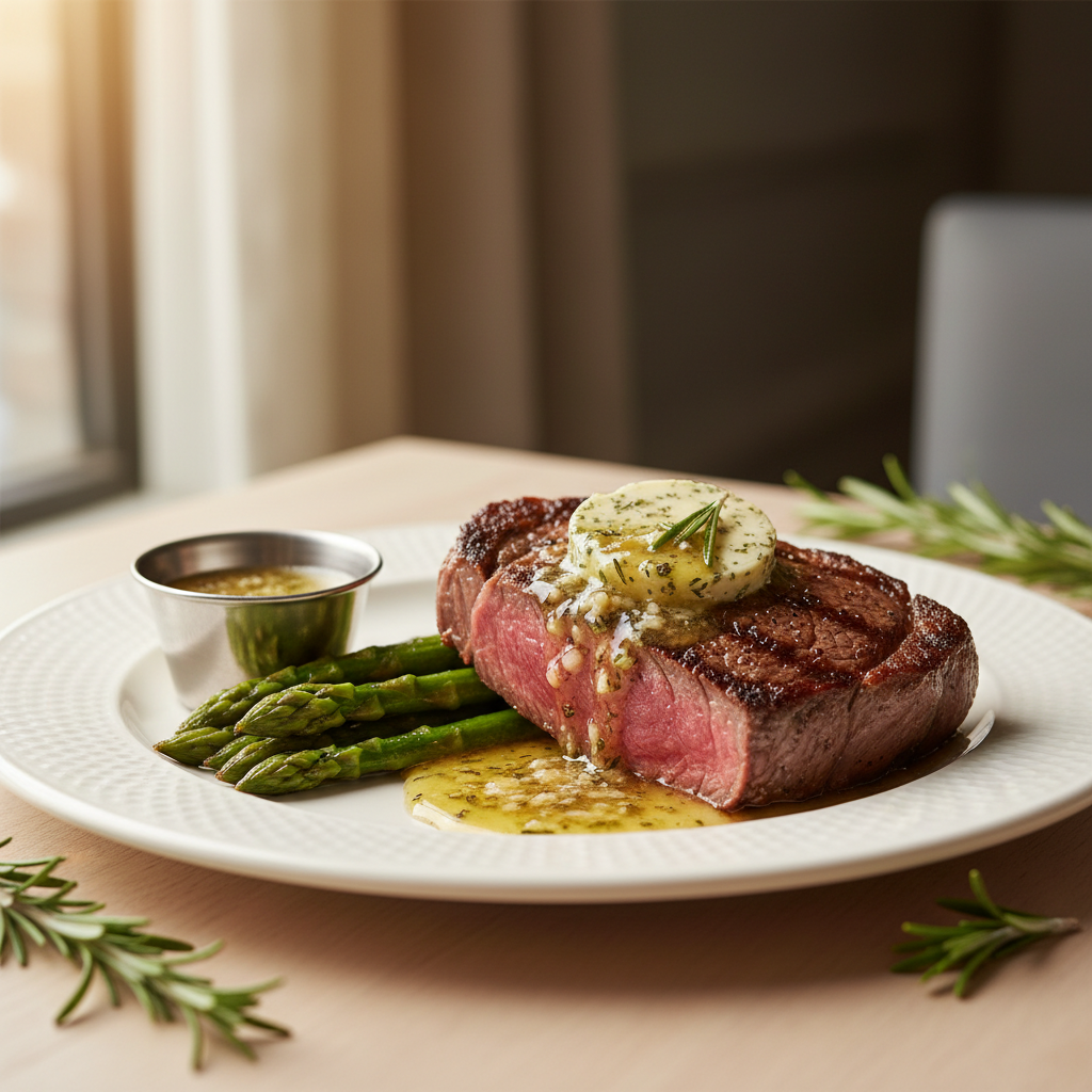 Pan-Seared Steak with Garlic-Herb Butter and Roasted Asparagus