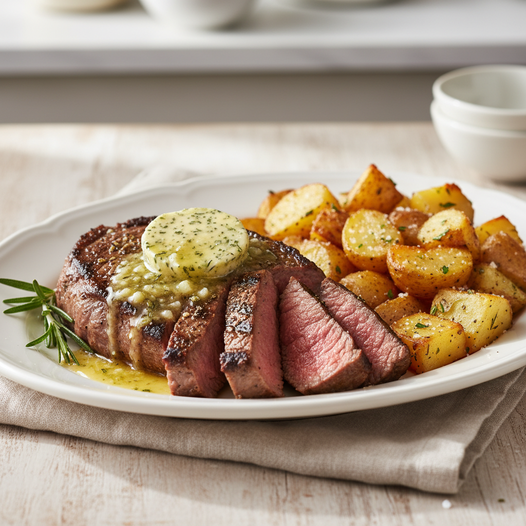 Pan-Seared New York Strip with Garlic Herb Butter and Crispy Roasted Potatoes