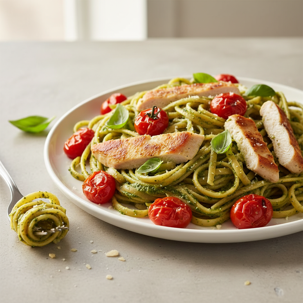 Creamy Pesto Chicken Linguine with Roasted Tomatoes