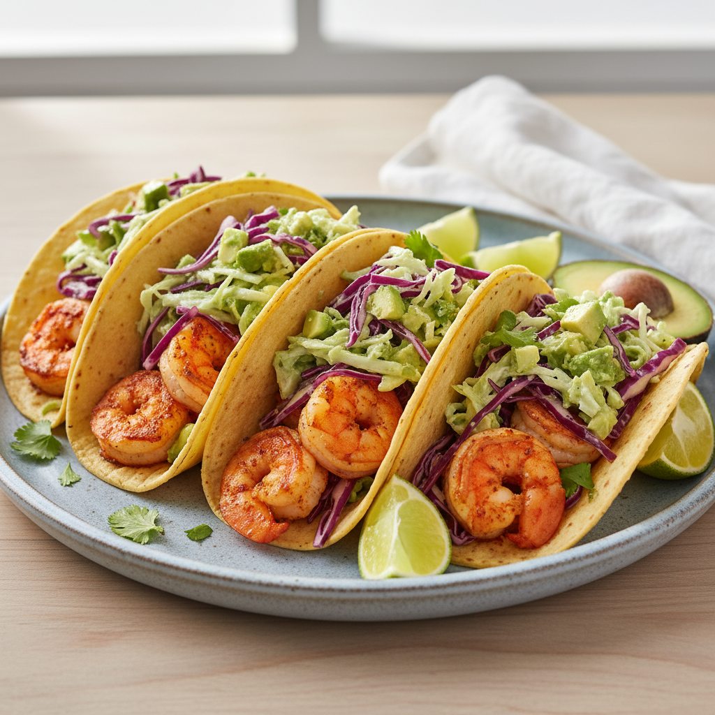 Spicy Pan-Seared Shrimp Tacos with Creamy Avocado-Lime Slaw