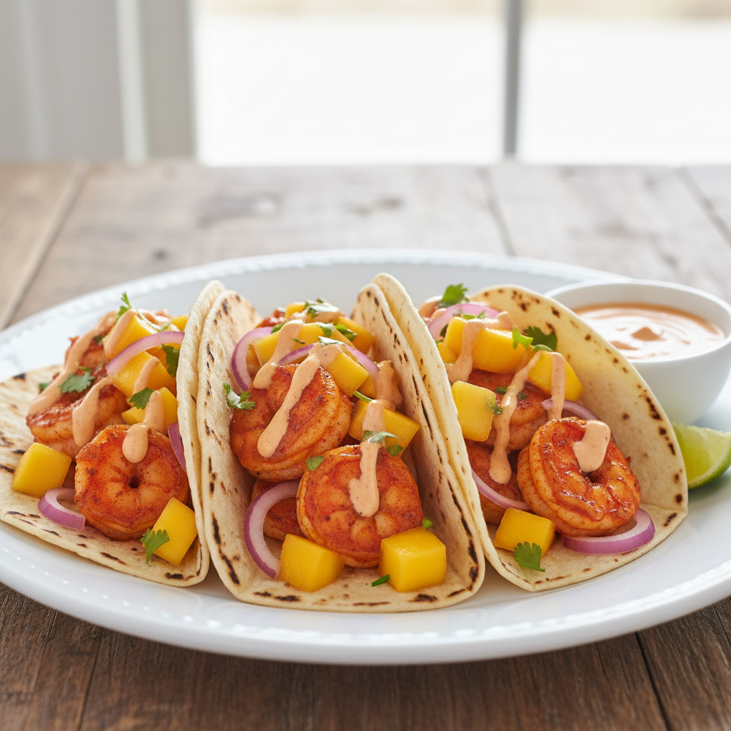 Spicy Mango Shrimp Tacos with Chipotle Crema
