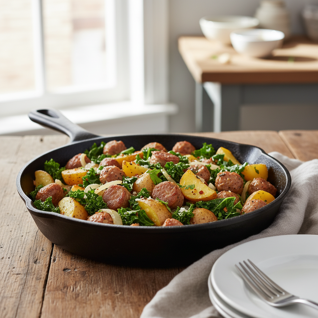 Hearty Skillet Sausage, Potato, and Kale Hash