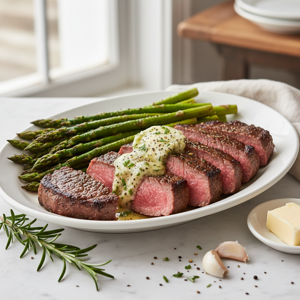 Pan-Seared Sirloin with Roasted Asparagus and Garlic-Herb Butter