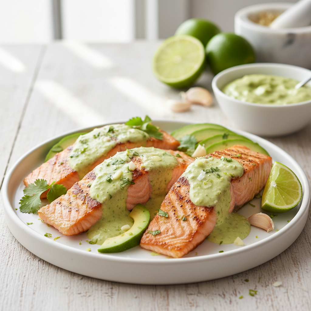 Pan-Seared Salmon with Creamy Avocado Lime Sauce