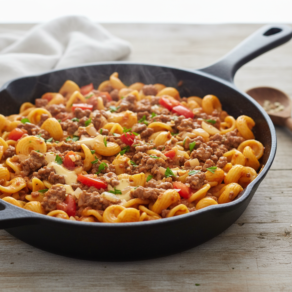 Creamy Ground Beef & Shells Skillet