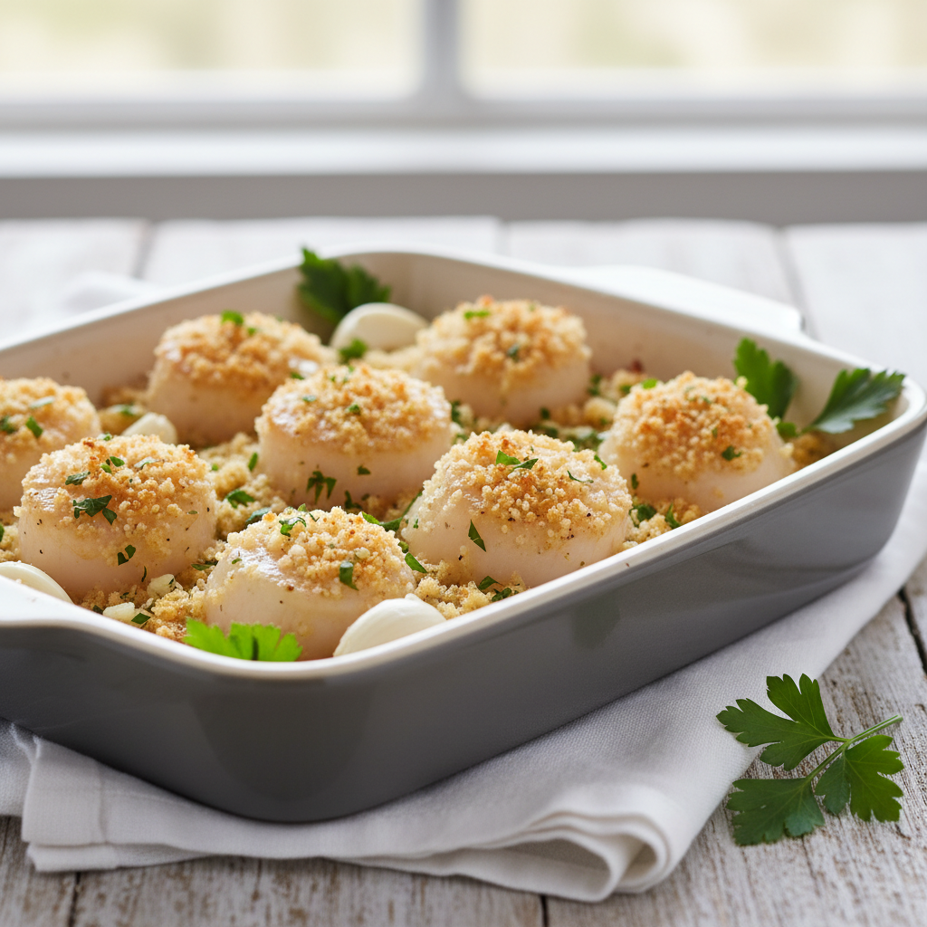 Baked Scallops with Garlic Herb Butter Breadcrumbs