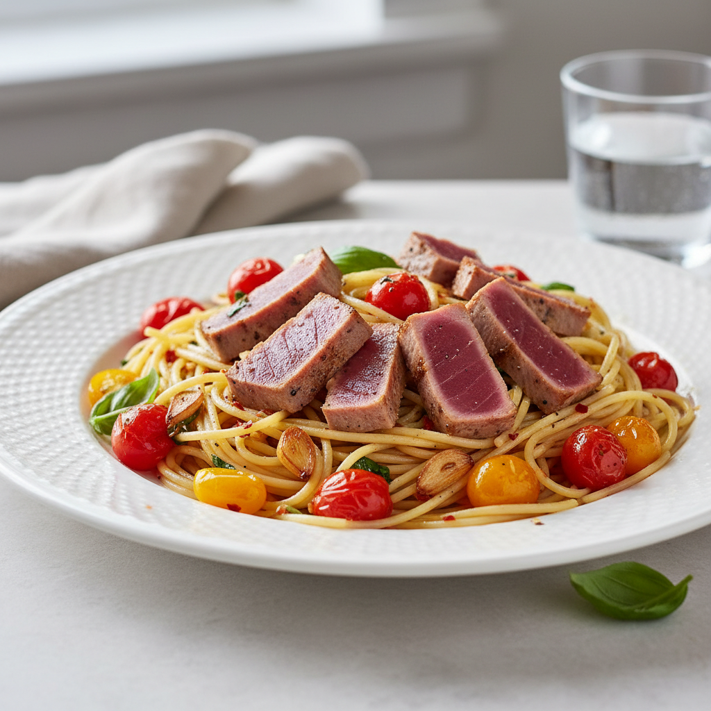 Seared Tuna and Burst Cherry Tomato Pasta