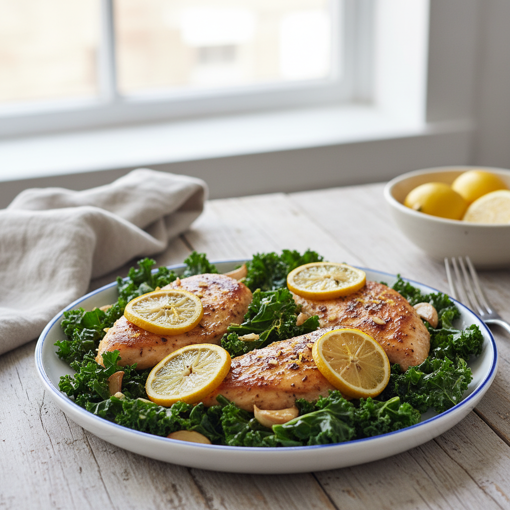 Lemon Garlic Skillet Chicken with Sautéed Kale