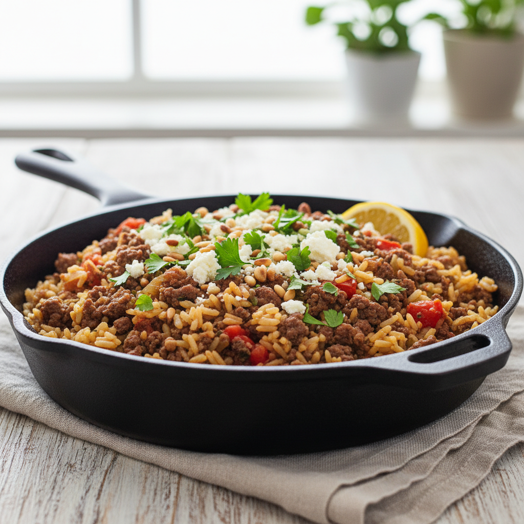 Mediterranean Ground Beef and Rice Skillet