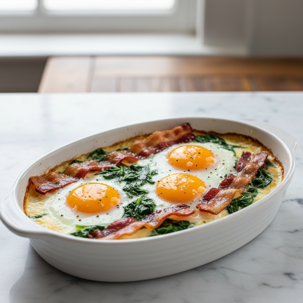 Baked Eggs with Crispy Bacon and Wilted Spinach