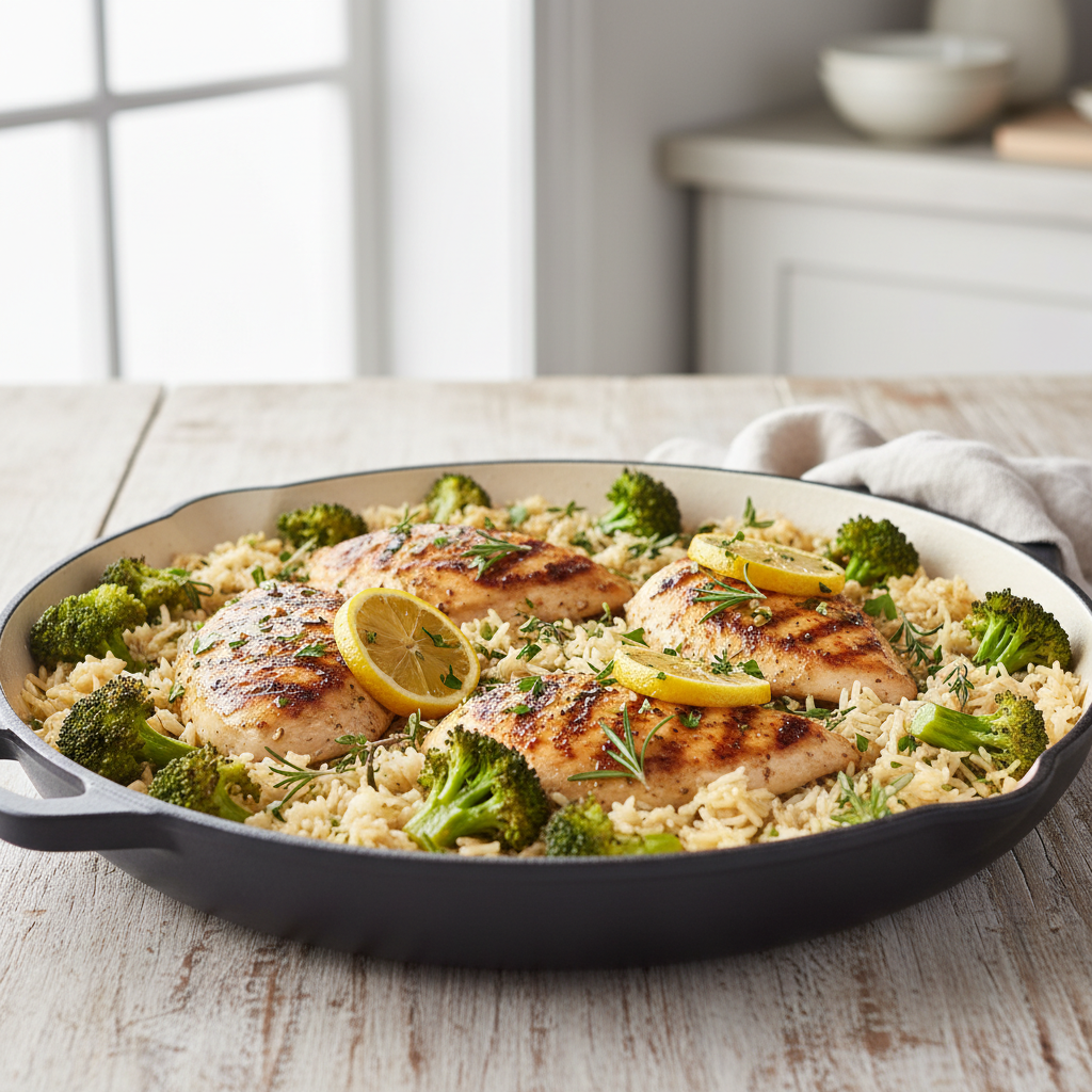 One-Pan Lemon Herb Chicken, Rice, and Broccoli
