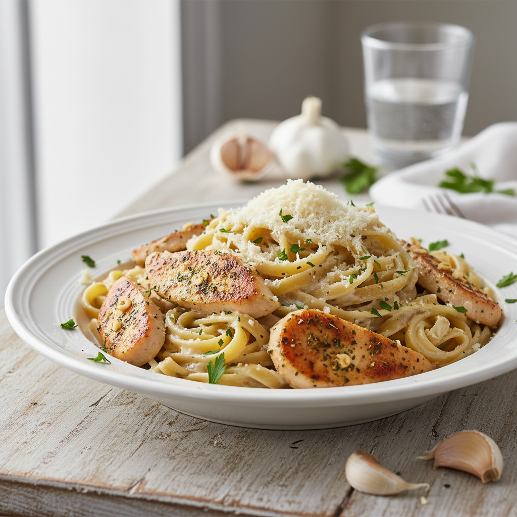 Garlic Herb Pan-Seared Chicken Fettuccine Alfredo