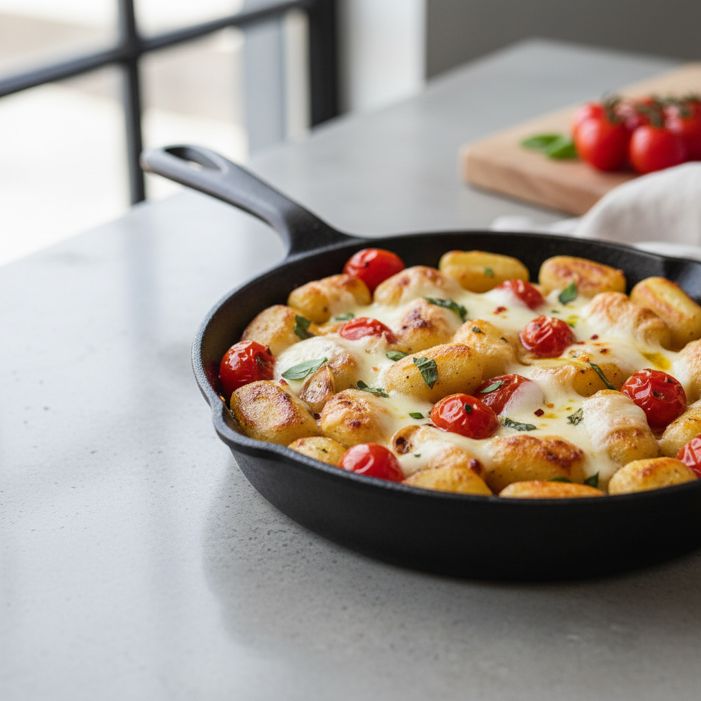Baked Gnocchi with Burst Cherry Tomatoes and Melted Mozzarella
