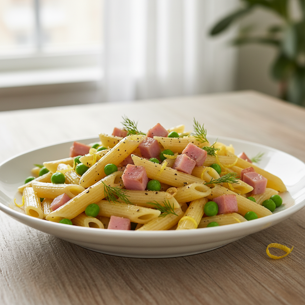 Lemon Herb Butter Pasta with Ham and Peas