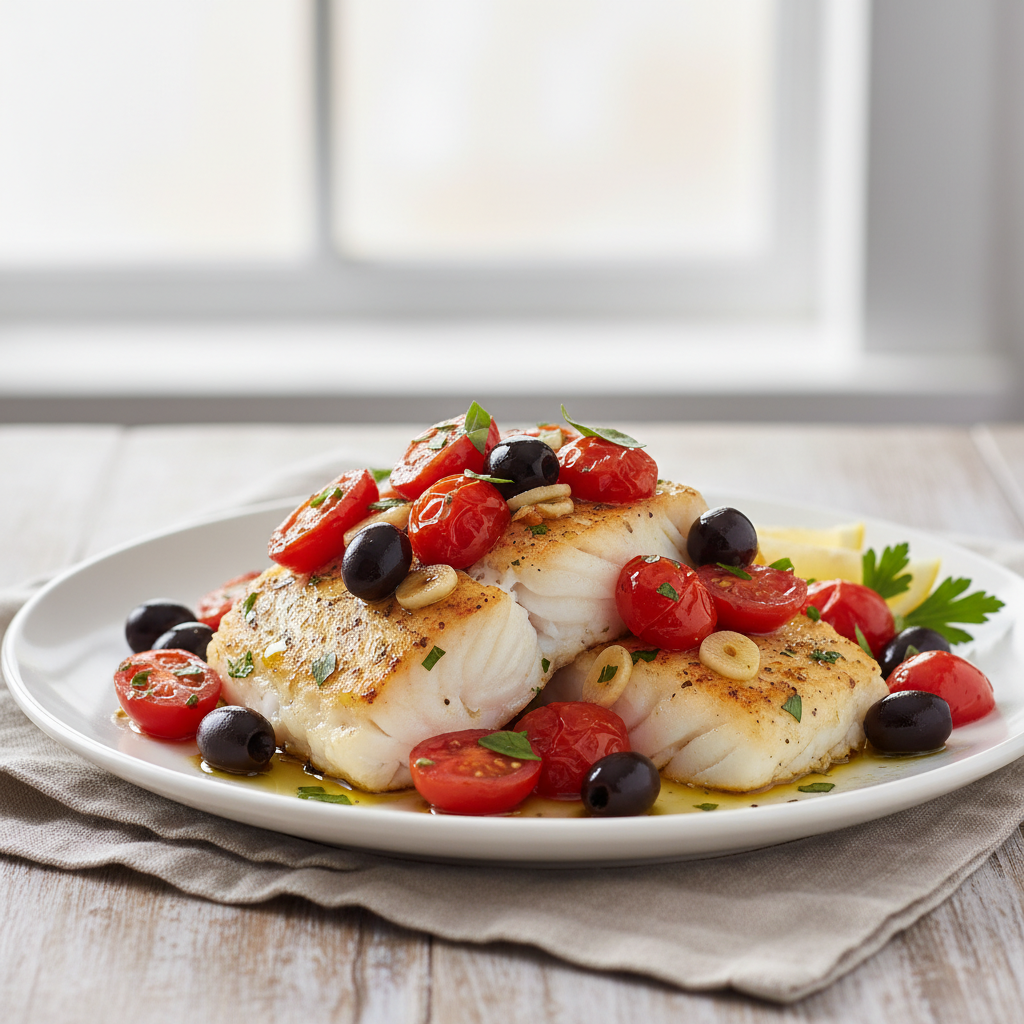 Mediterranean Baked Cod with Tomato and Olive Relish
