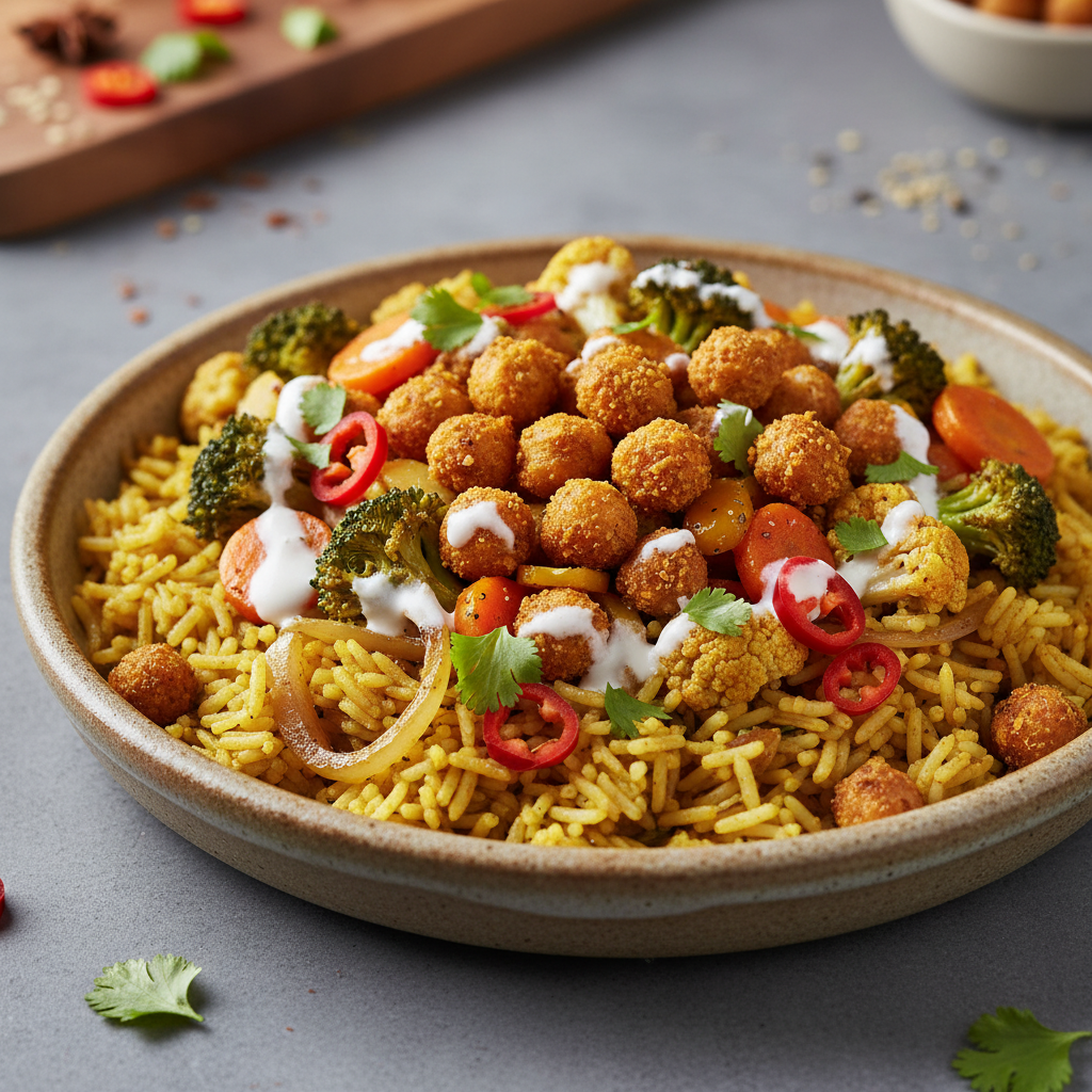 One-Pan Curried Vegetable Rice Bowl with Crispy Chickpeas