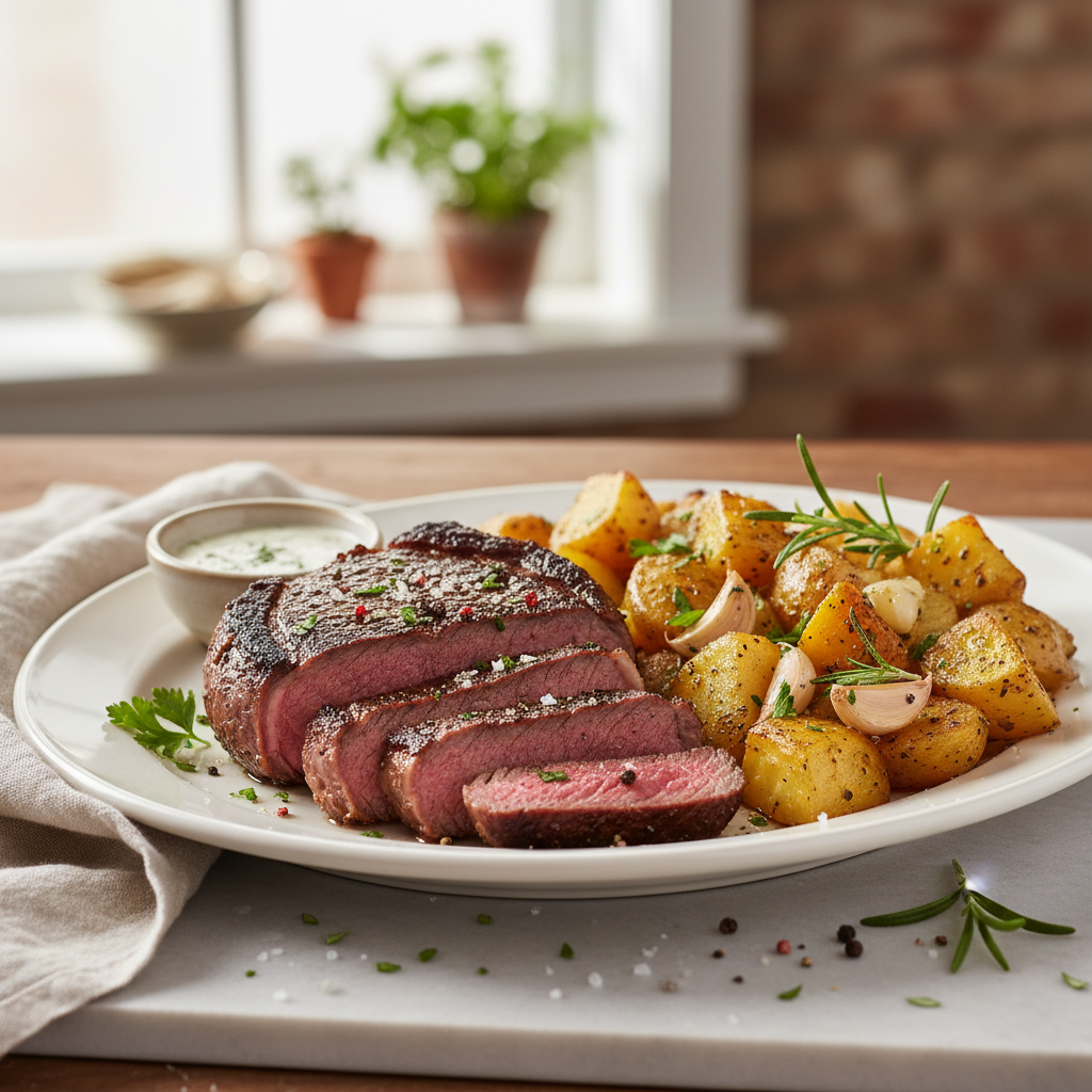 Pan-Seared Sirloin Steak with Garlic Herb Roasted Potatoes