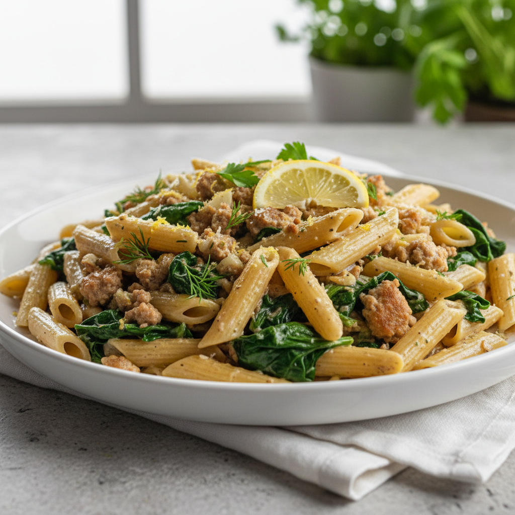 Creamy Lemon-Herb Ground Turkey Pasta with Spinach