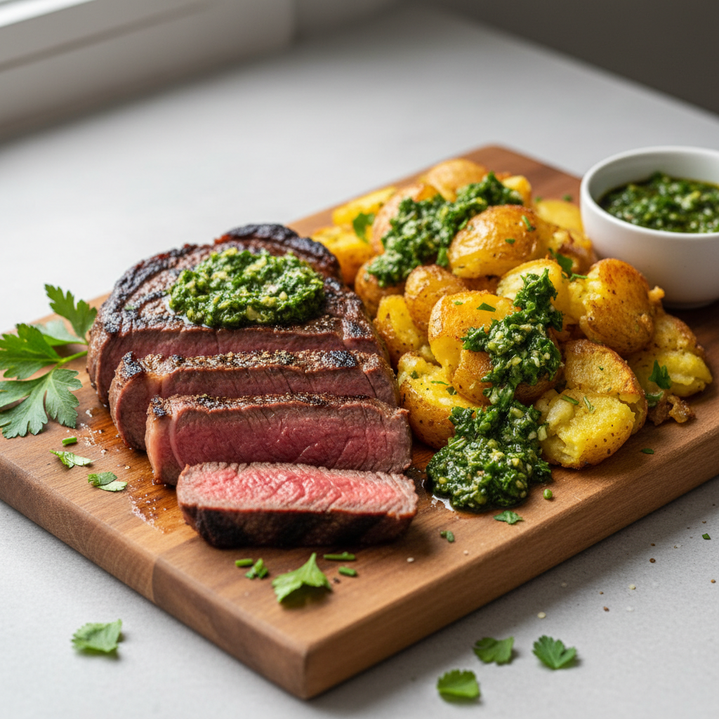 Grilled Sirloin with Crispy Smashed Potatoes and Fresh Chimichurri