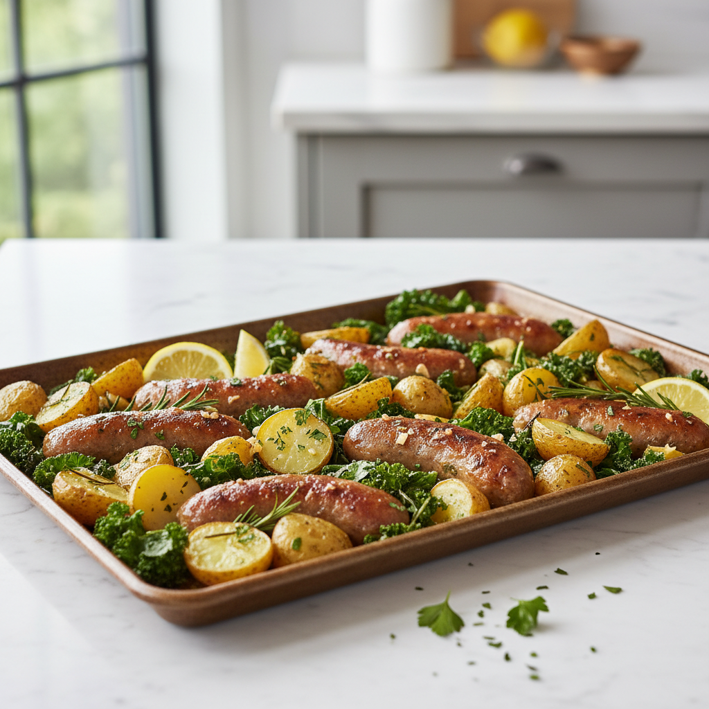 Sheet Pan Lemon-Herb Roasted Sausage, Potatoes, and Kale