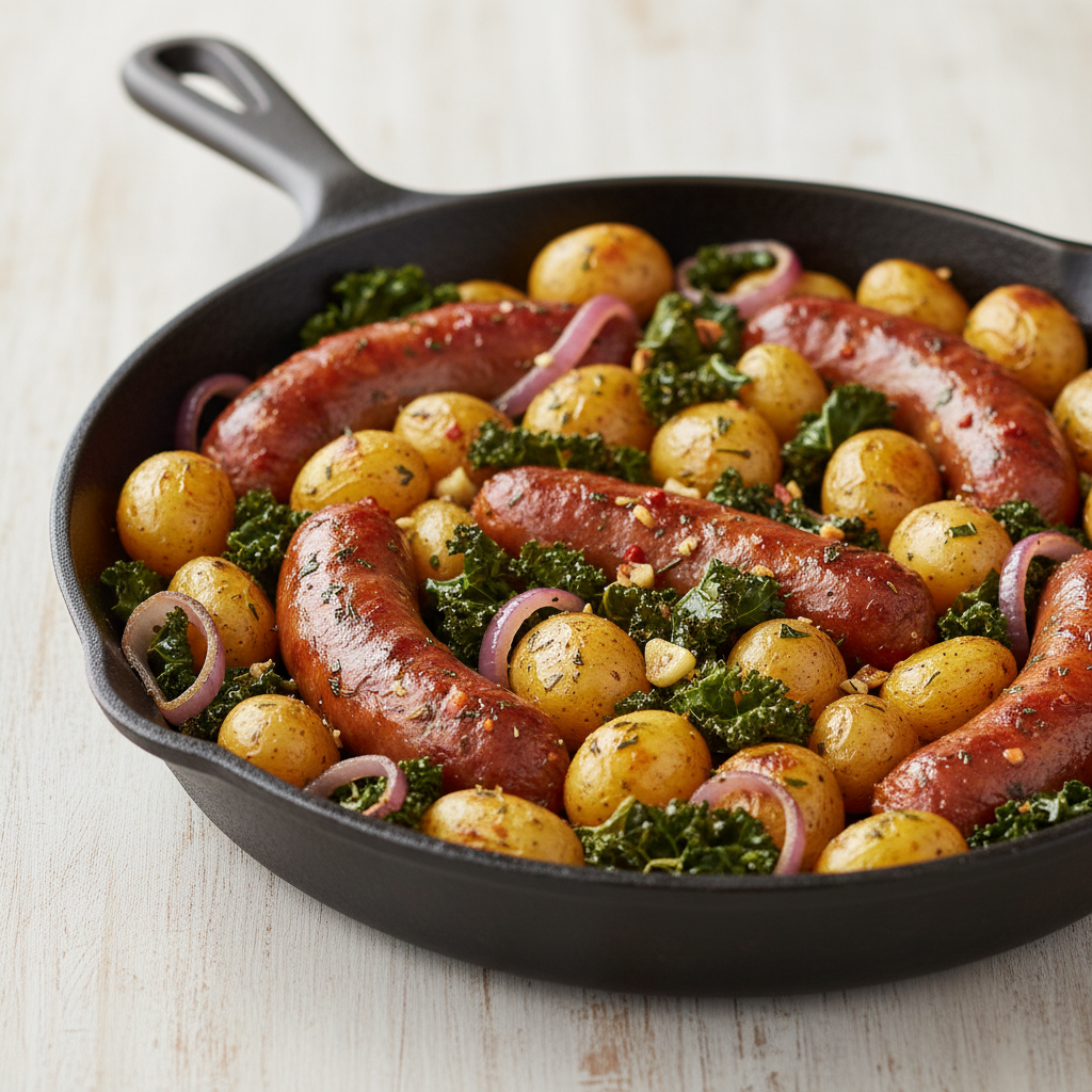 Hearty One-Pan Roasted Sausage, Potatoes, and Kale