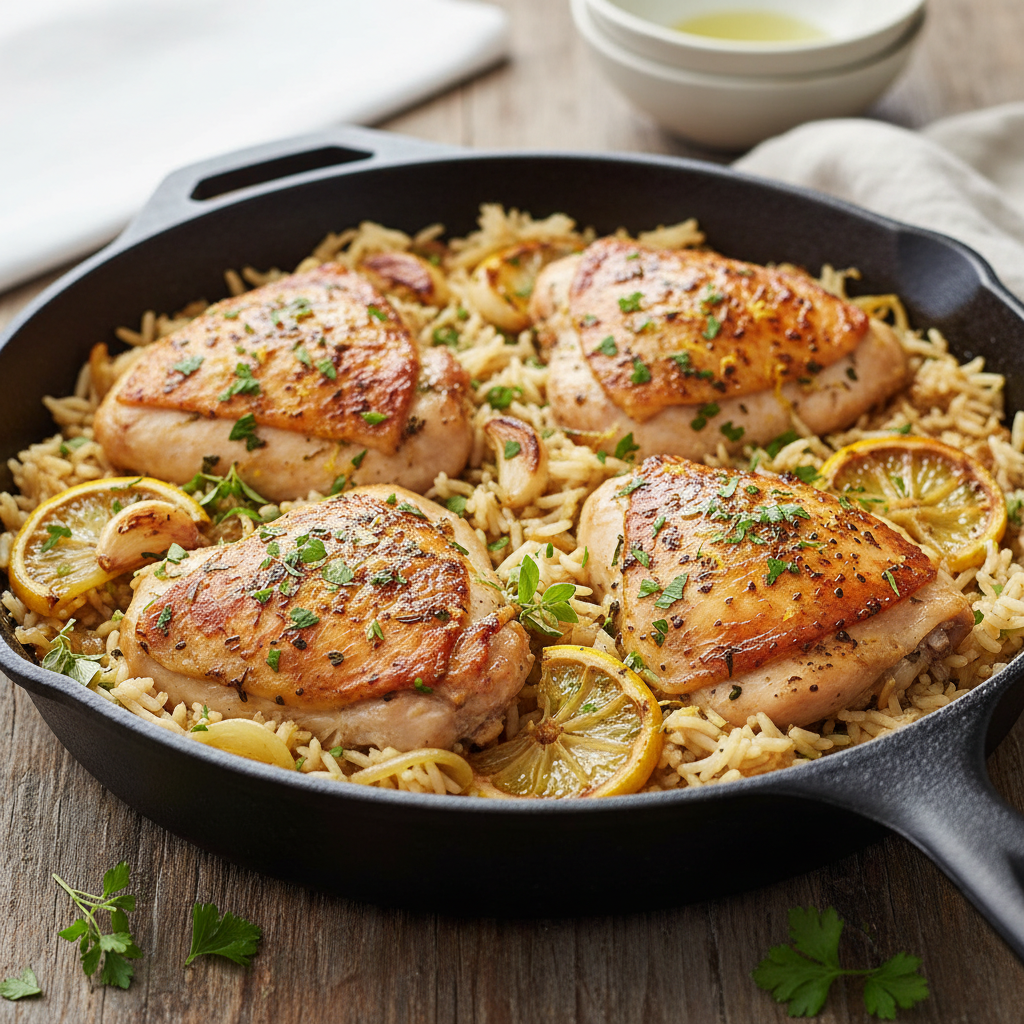 One-Pan Lemon Herb Chicken Thighs and Rice