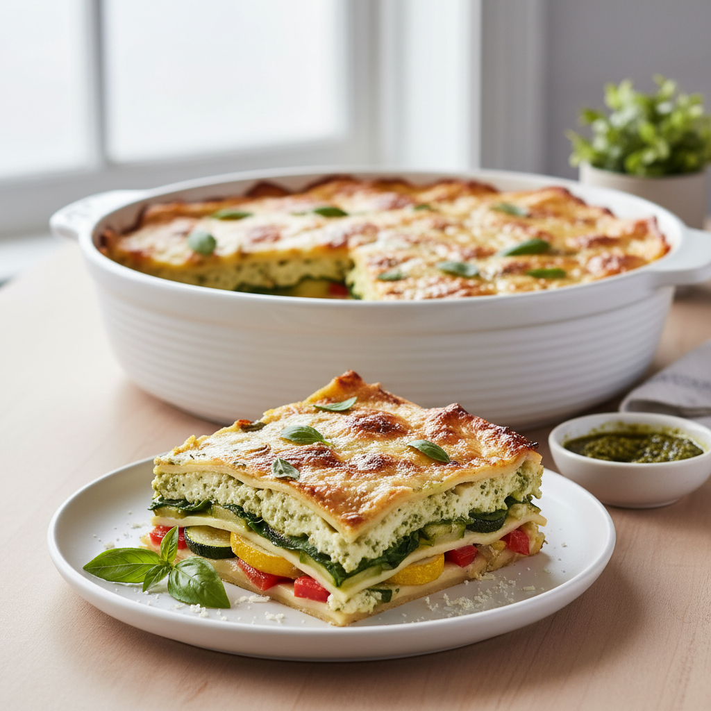 White Vegetable Lasagna with Pesto Ricotta and Roasted Vegetables