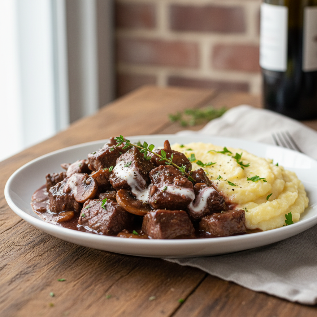 Rustic Red Wine Beef Stroganoff with Creamy Polenta