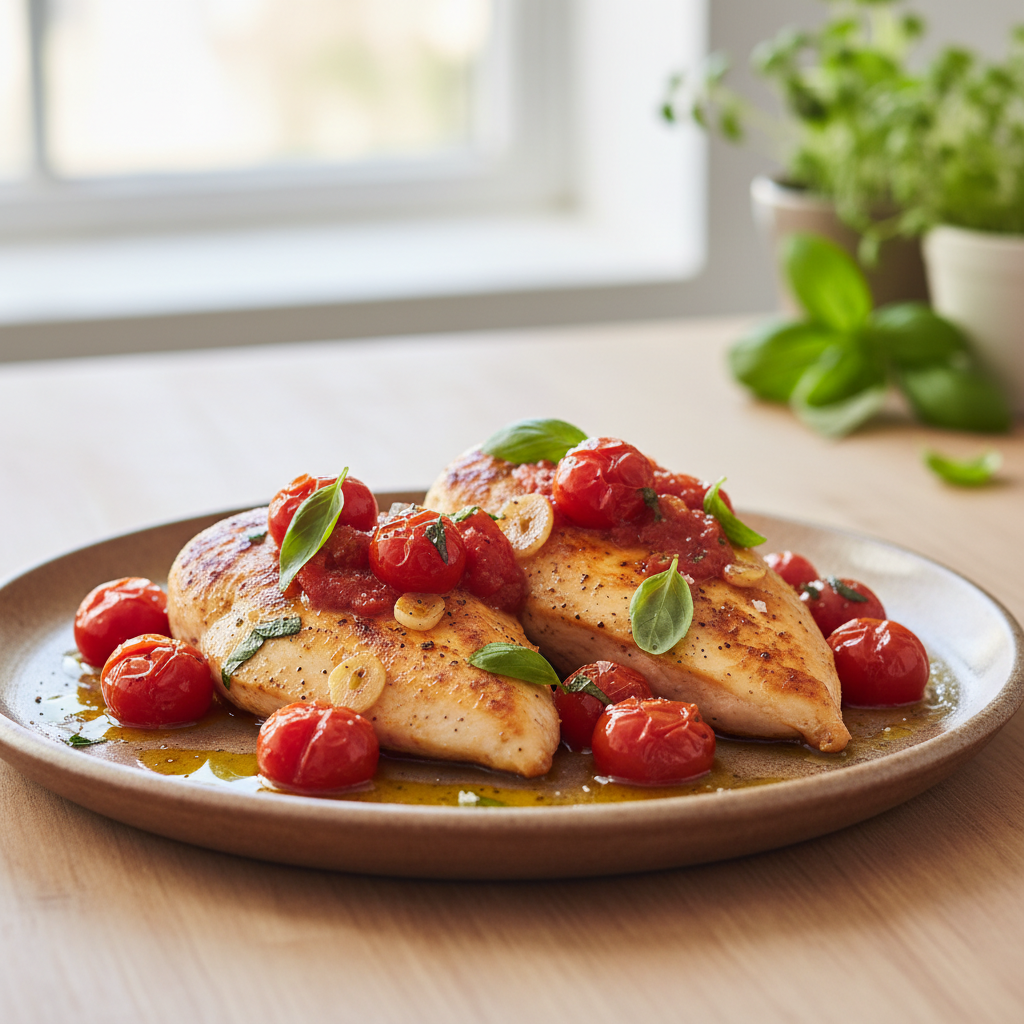 Mediterranean Chicken with Burst Tomatoes and Basil