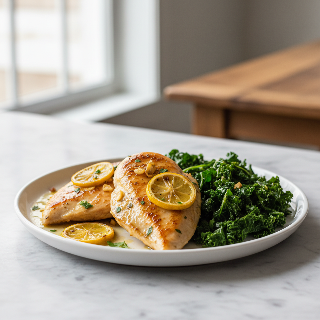 Lemon Garlic Pan-Seared Chicken with Sautéed Kale