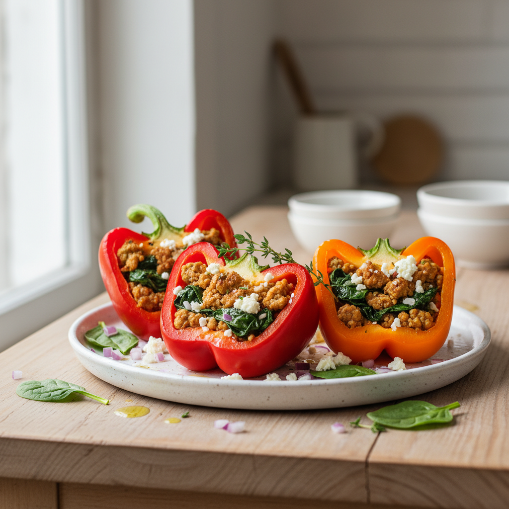 Turkey, Spinach, and Feta Stuffed Bell Peppers