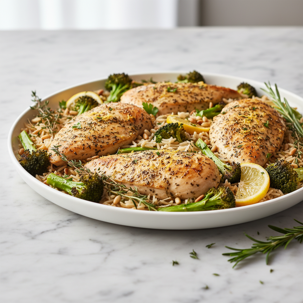One-Pan Lemon Herb Baked Chicken, Rice, and Broccoli