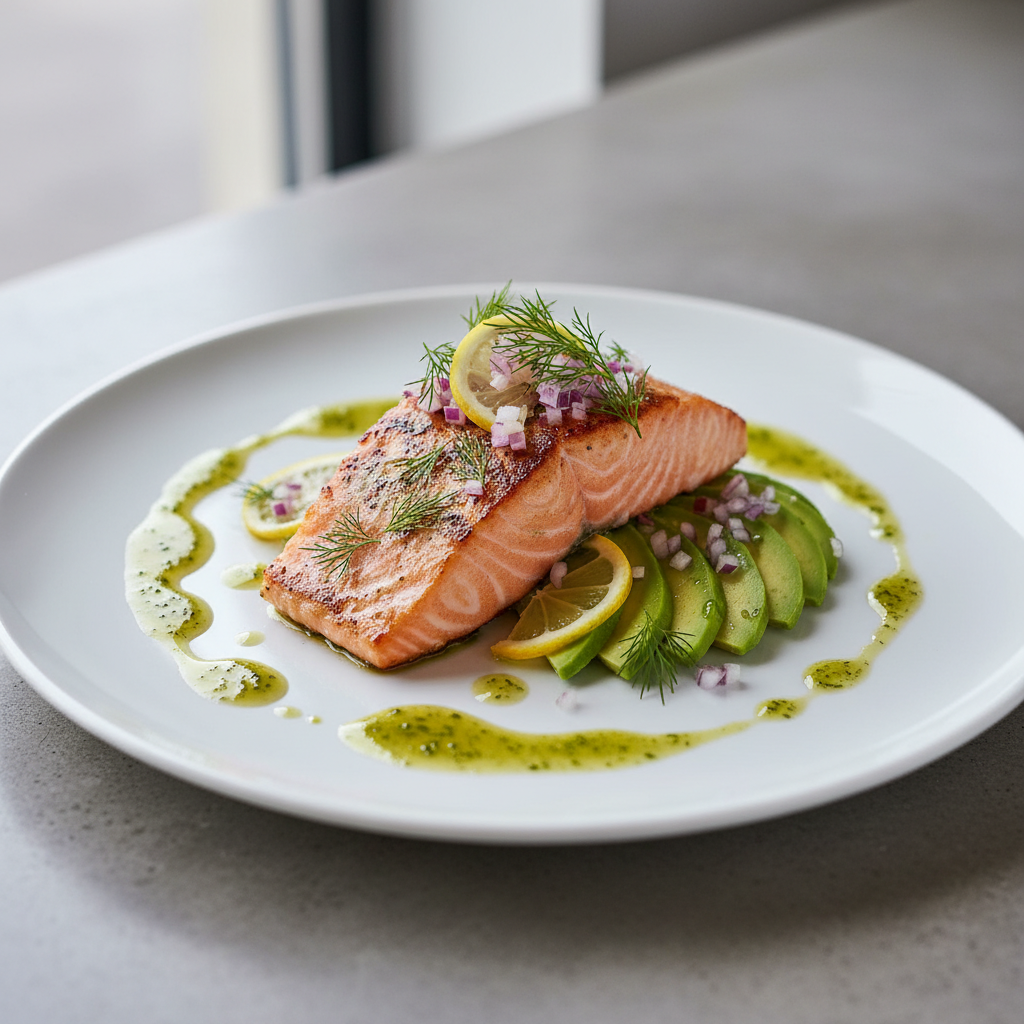 Deconstructed Salmon & Avocado Tower with Lemon-Dill Vinaigrette