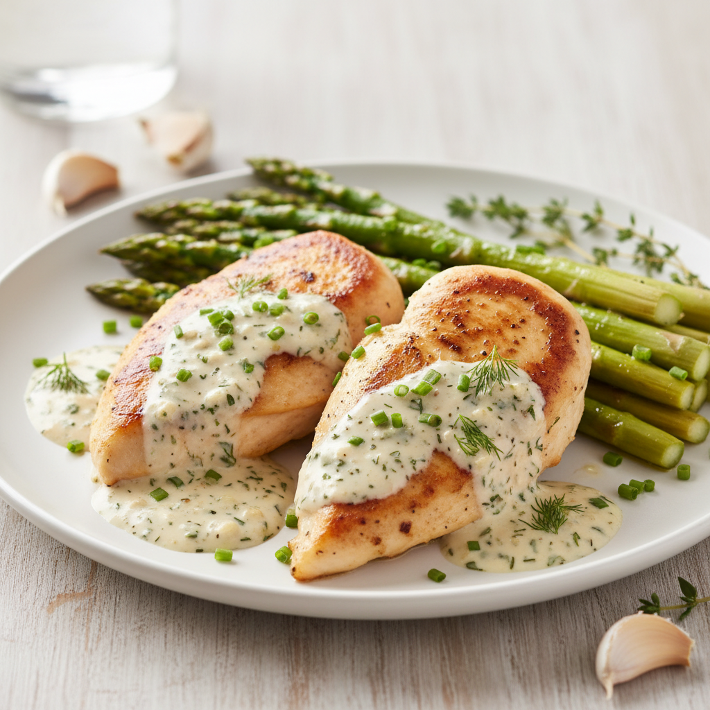 Creamy Garlic Herb Chicken and Asparagus