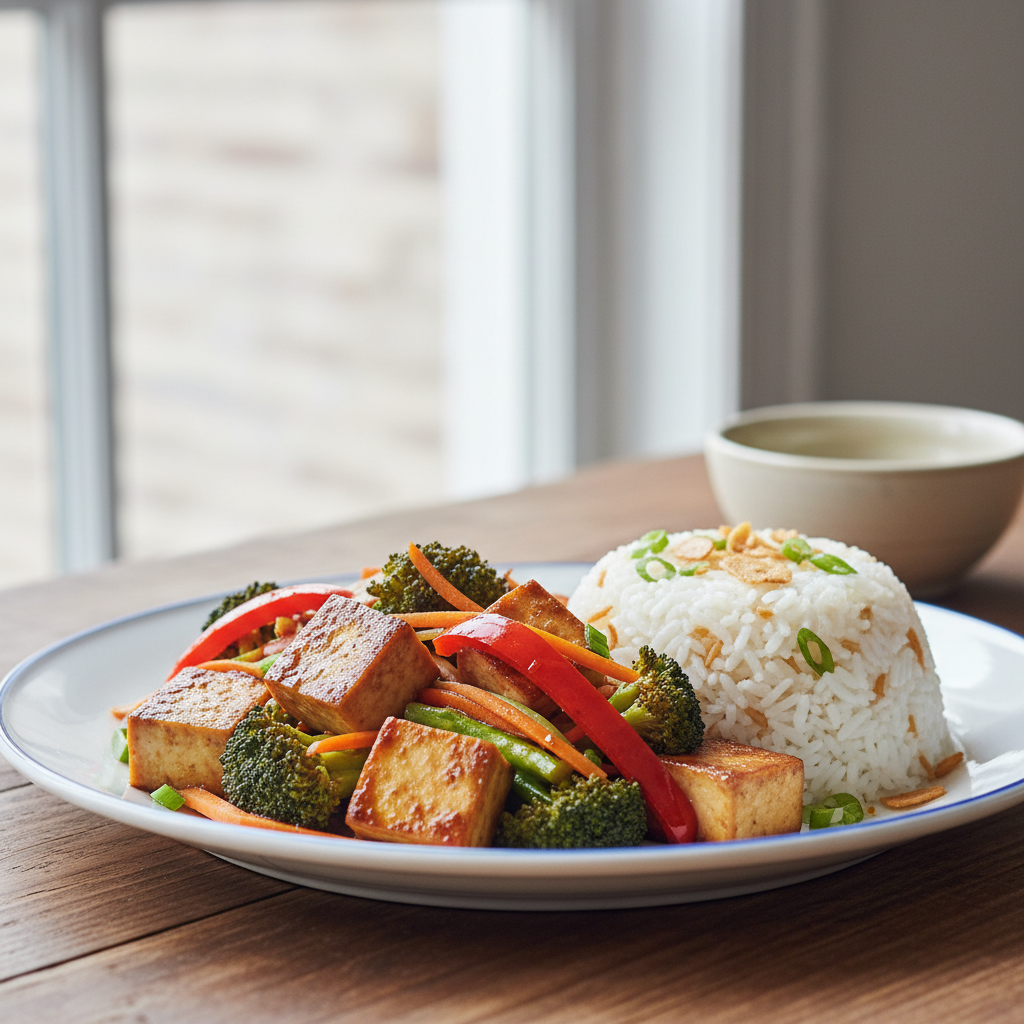 Tofu and Vegetable Soy Stir-Fry with Garlic Rice