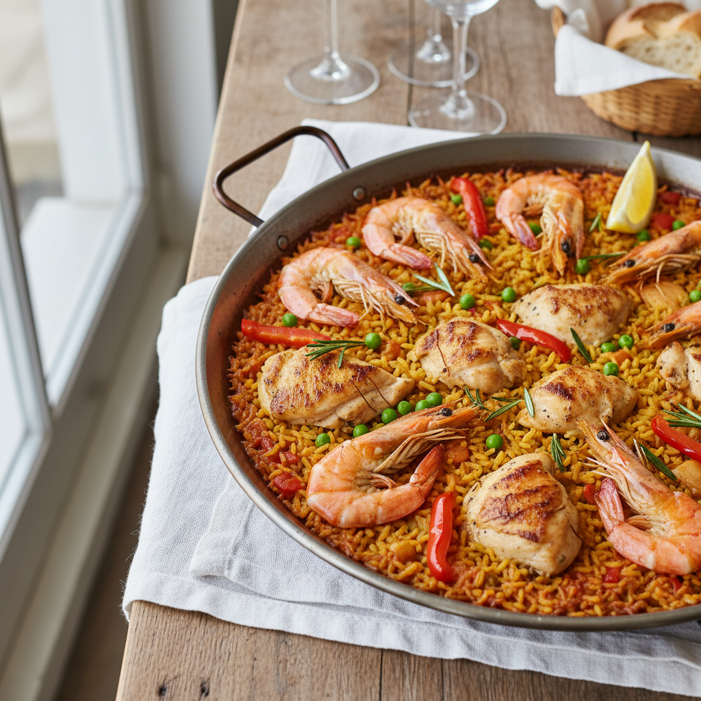 Traditional Paella with Shrimp and Chicken