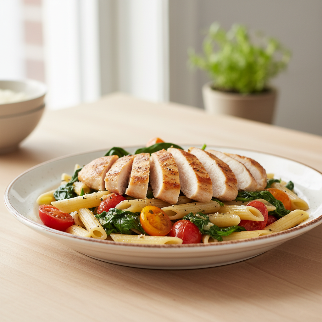 Baked Chicken, Spinach, and Tomato Pasta