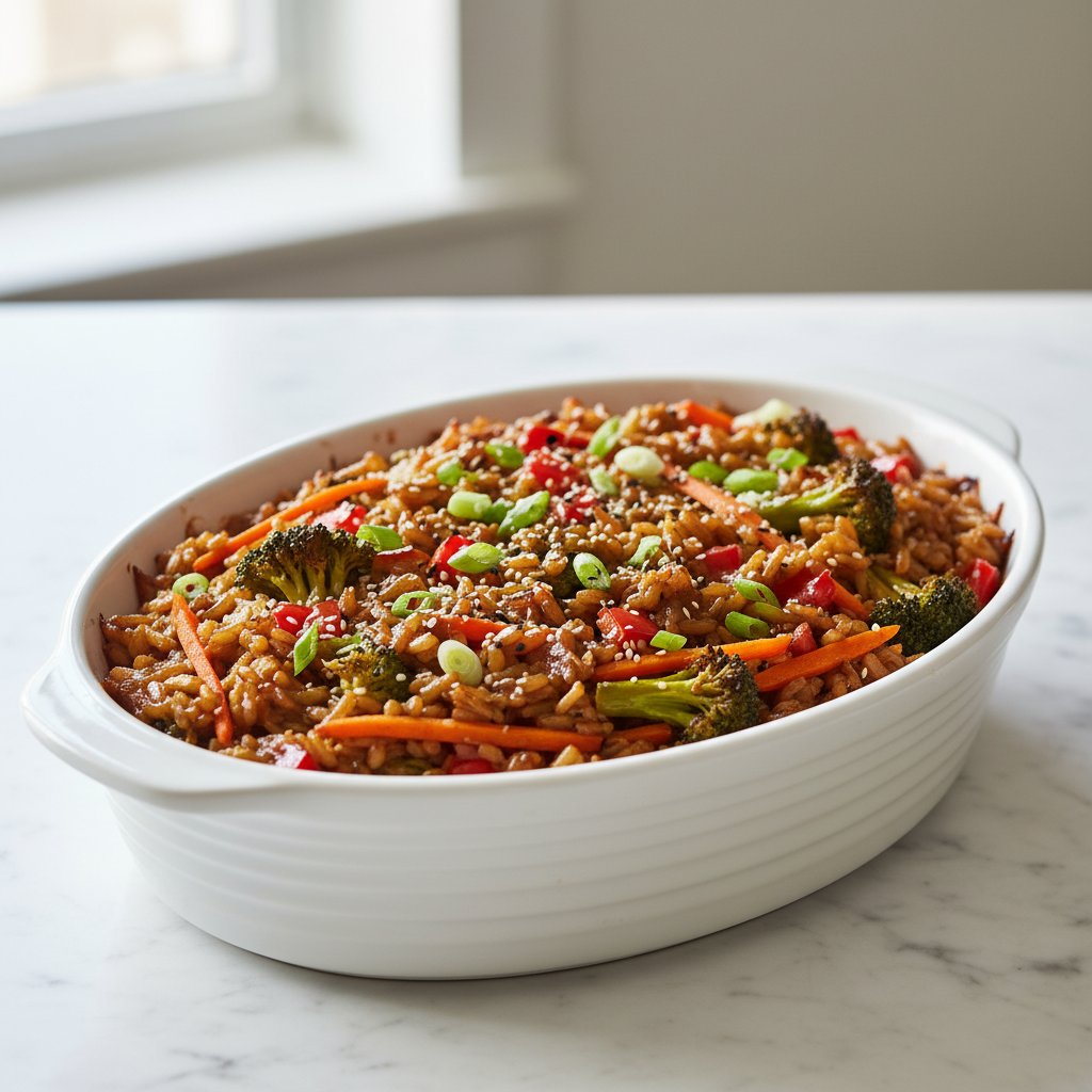 Baked Soy-Glazed Vegetable and Brown Rice Casserole