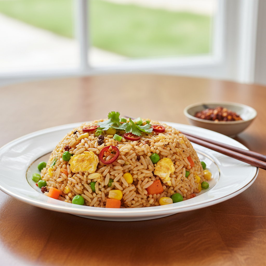Spicy Szechuan Style Fried Rice with Scrambled Eggs and Mixed Vegetables